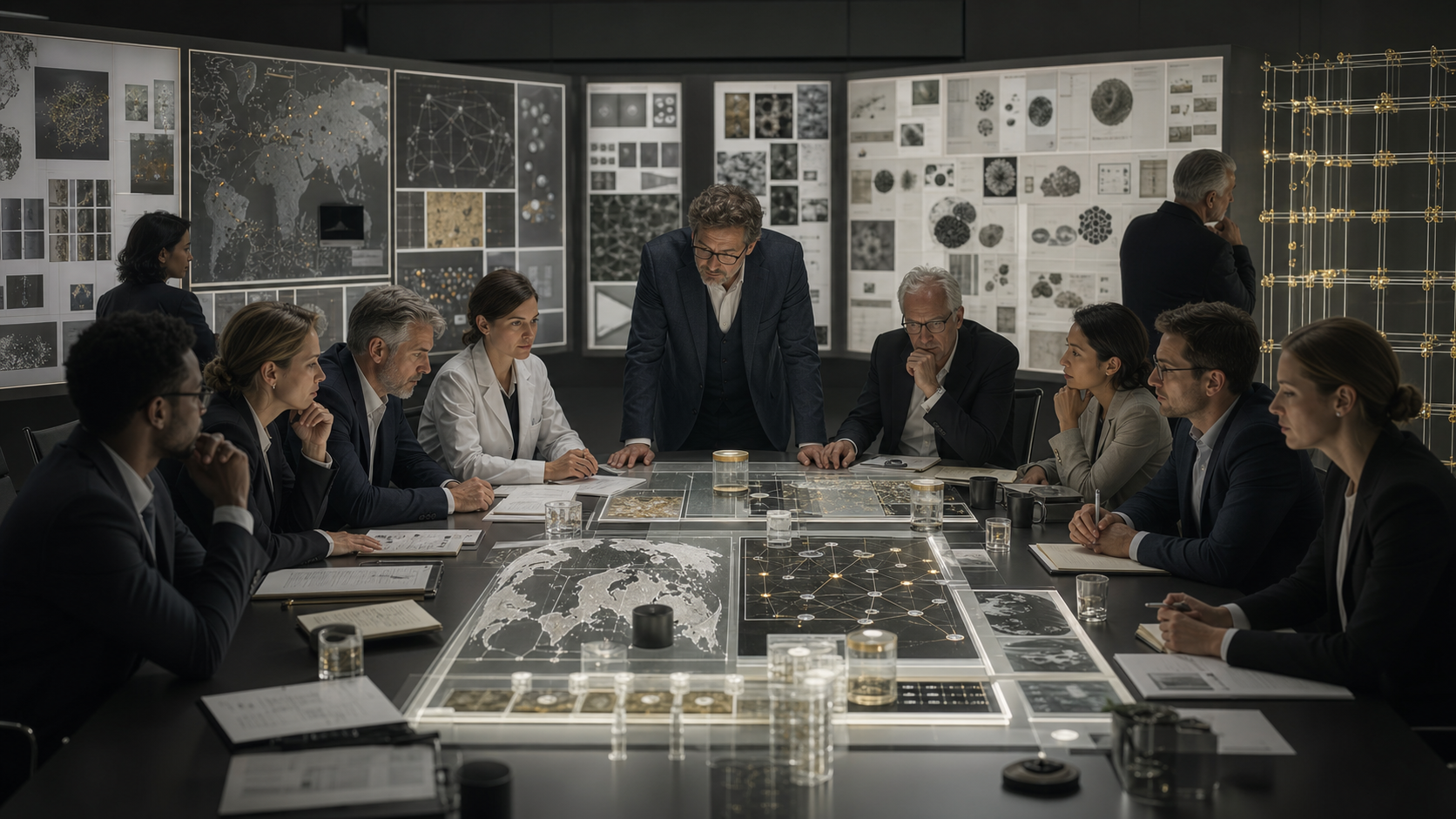 AI-generated editorial image of a finance and frontier R&D diligence room for a Public Letter to capital allocators