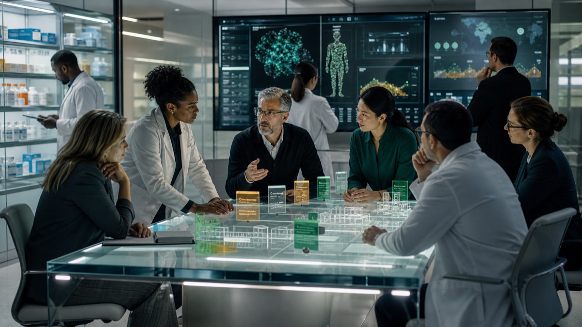AI-generated editorial image of a healthcare evidence and privacy research room for a Public Letter to major healthcare companies