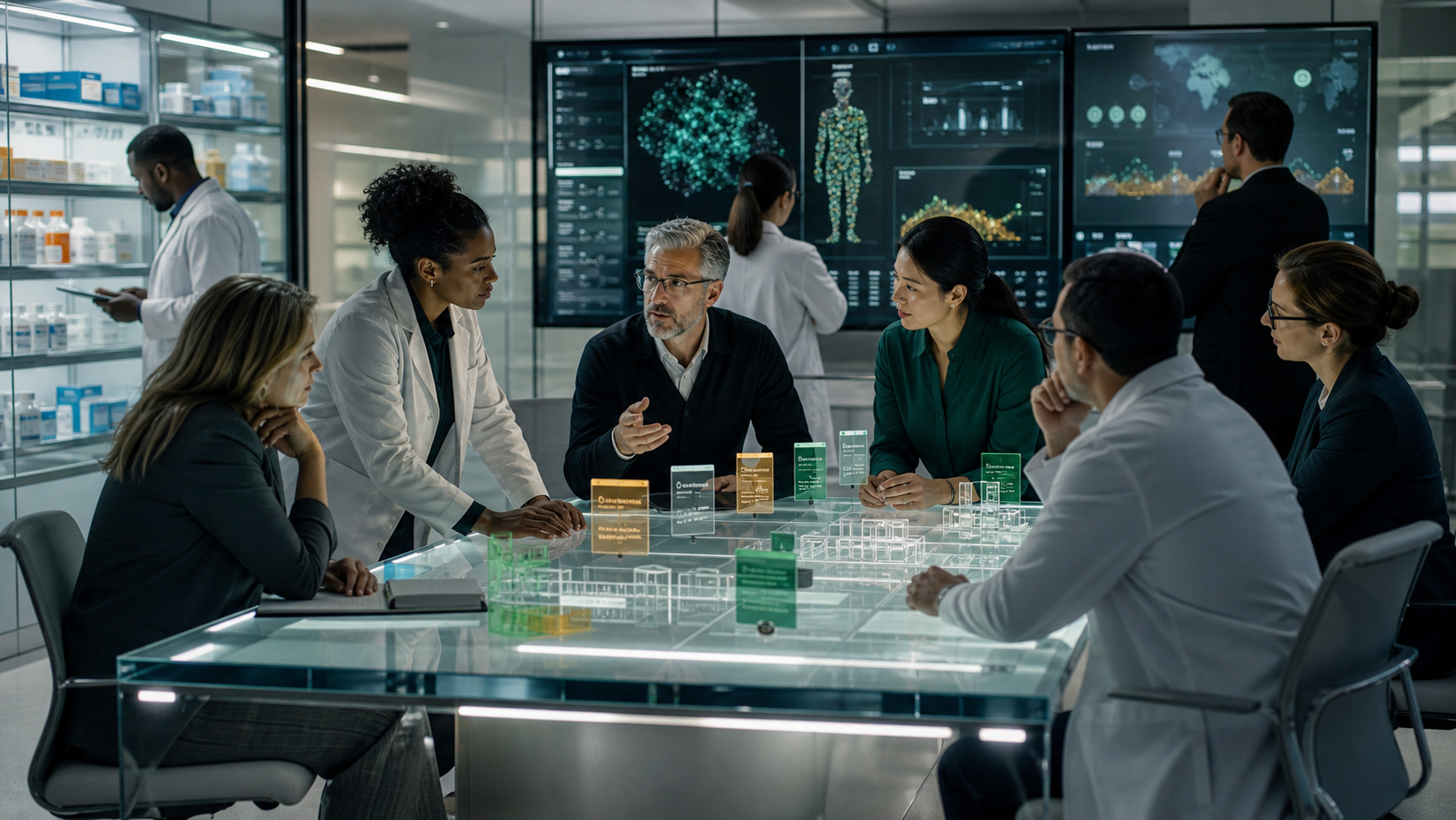 AI-generated editorial image of a healthcare evidence and privacy research room for a Public Letter to major healthcare companies