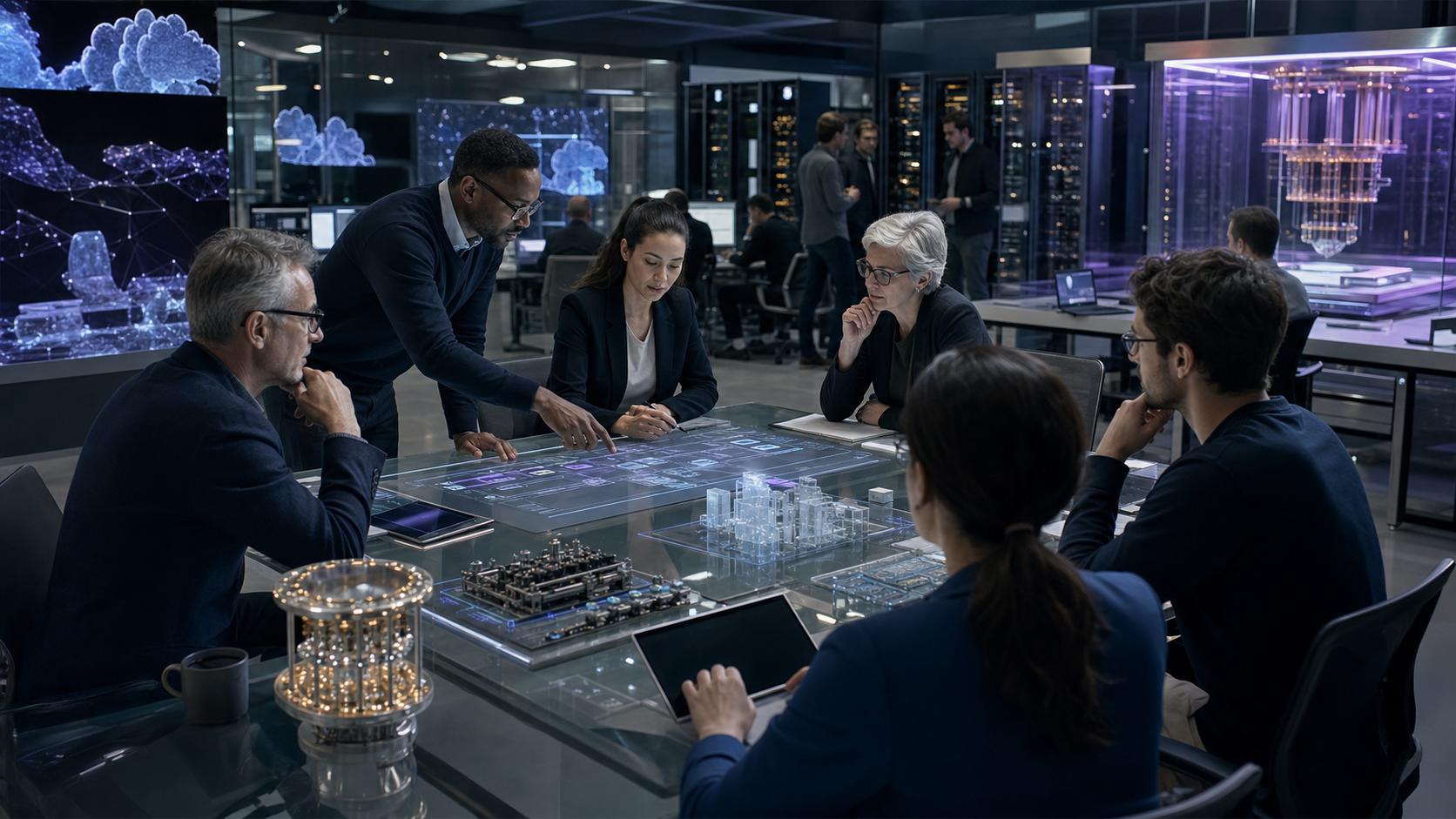AI-generated editorial image of an enterprise AI and quantum-readiness operations studio for a Public Letter to Microsoft