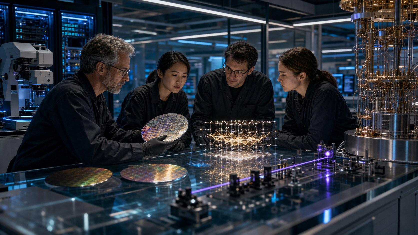 AI-generated editorial image of an AI accelerator and quantum simulation lab for a Public Letter to NVIDIA