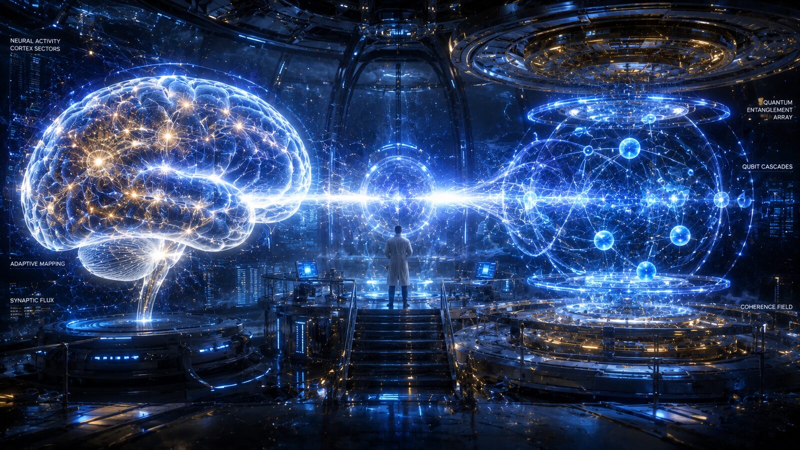 A glowing brain suspended within a quantum machine