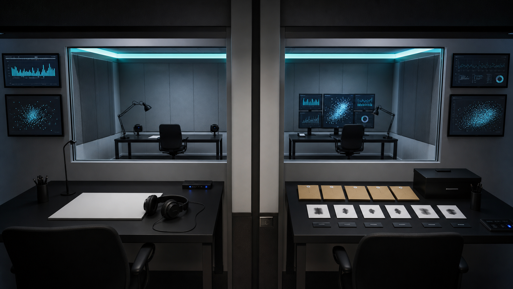 AI-generated remote viewing protocol room with separate viewer and judging stations