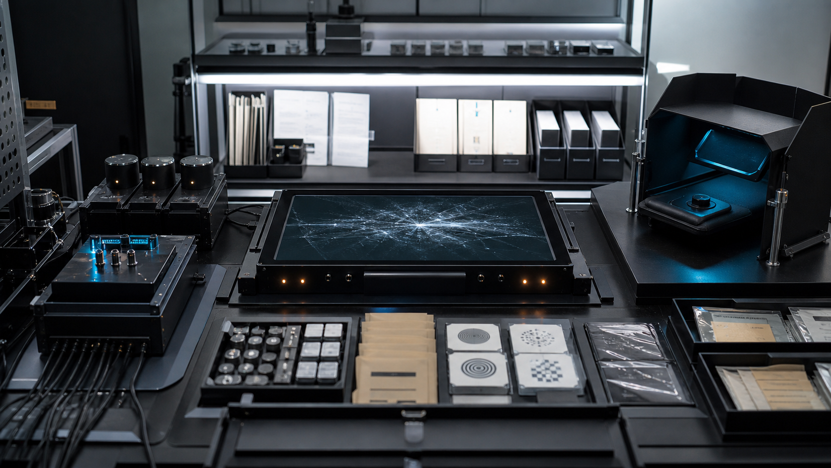 AI-generated R.V.I.S. prototype room concept with modular research hardware, sealed target packets, and an imaging slab