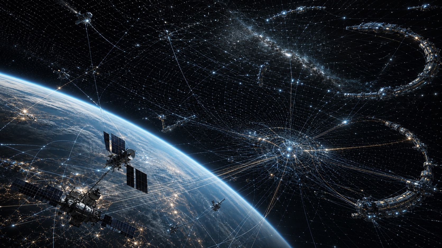 AI-generated visualization of an orbital information lattice around Earth