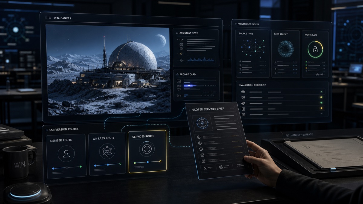 AI-generated White Noise services bridge showing a generated concept canvas, assistant note, provenance packet, seed receipt, rights gate, evaluation checklist, scoped brief, and Member, WN Labs, and Services routes