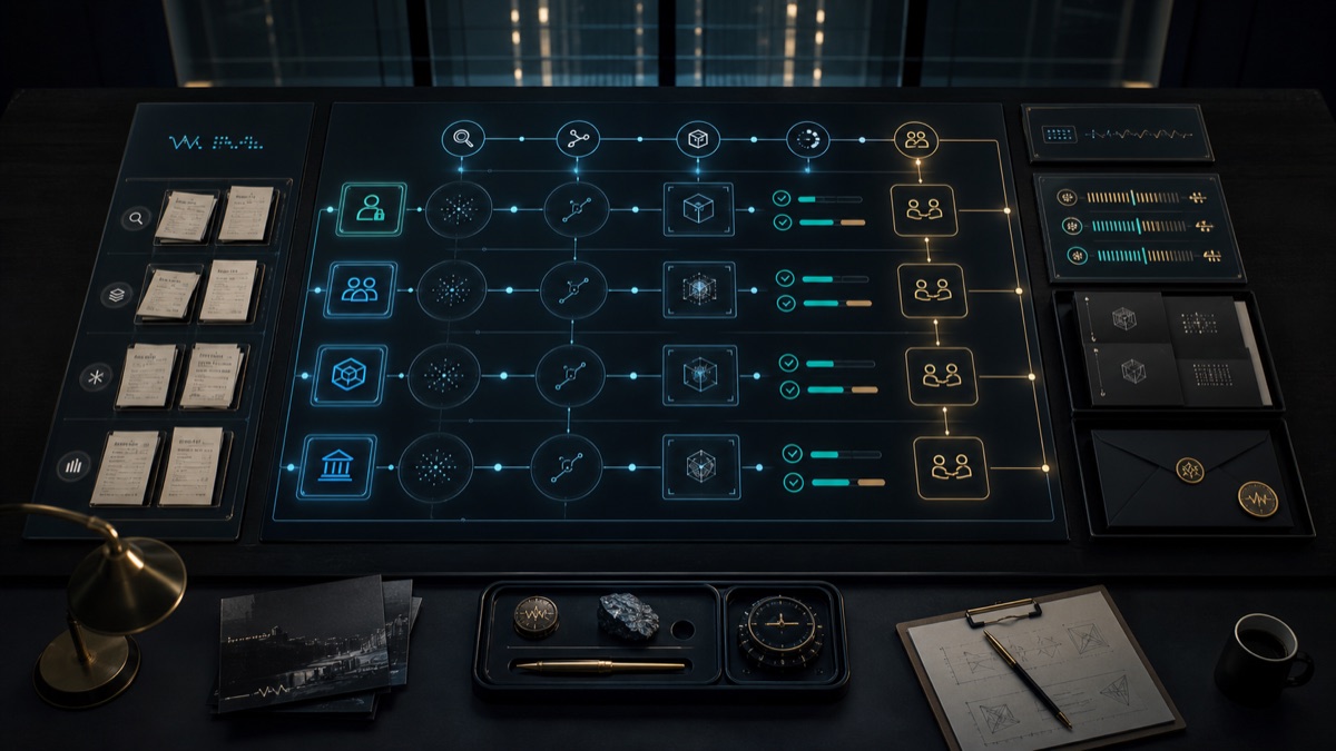 AI-generated White Noise services buying-standard room with decision lanes, proof receipts, budget status panels, and handoff packets