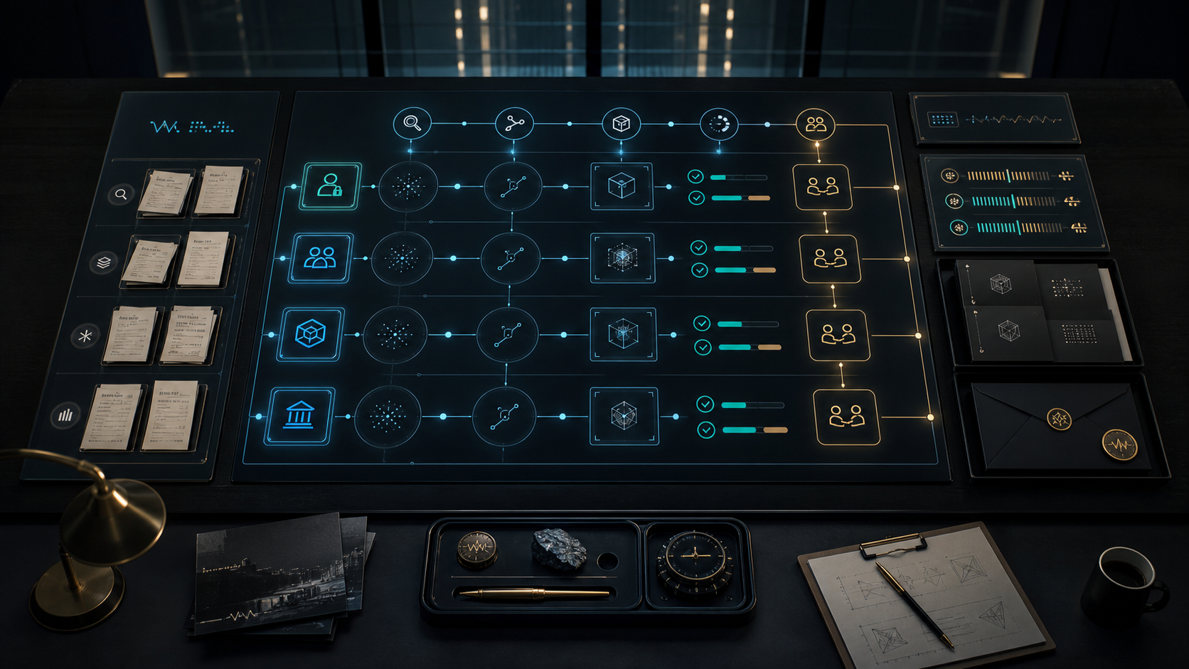 AI-generated White Noise services buying-standard room with decision lanes, proof receipts, budget status panels, and handoff packets