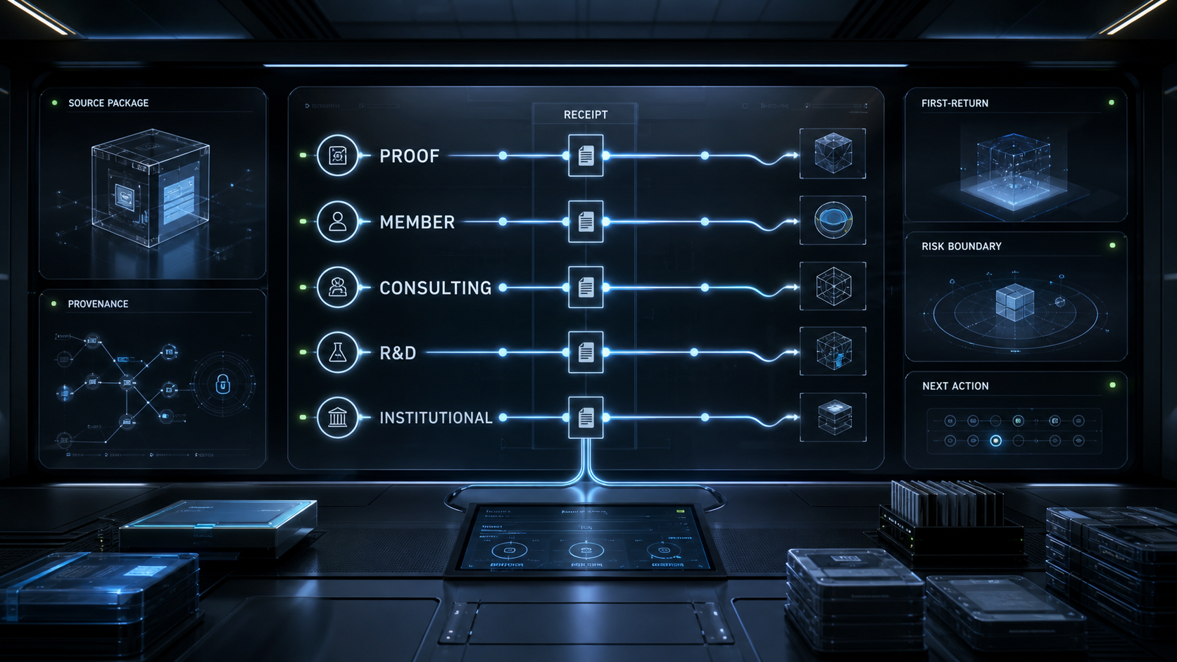 AI-generated White Noise services handoff receipt room with Proof, Member, Consulting, R&D, Institutional, and Receipt lanes
