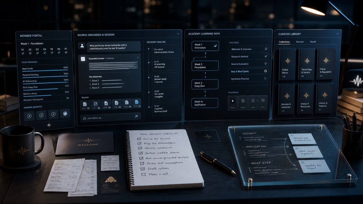 AI-generated White Noise member activation studio showing a portal checkpoint, source-grounded AI session, Academy learning path, curated library, and a first-week decision checklist
