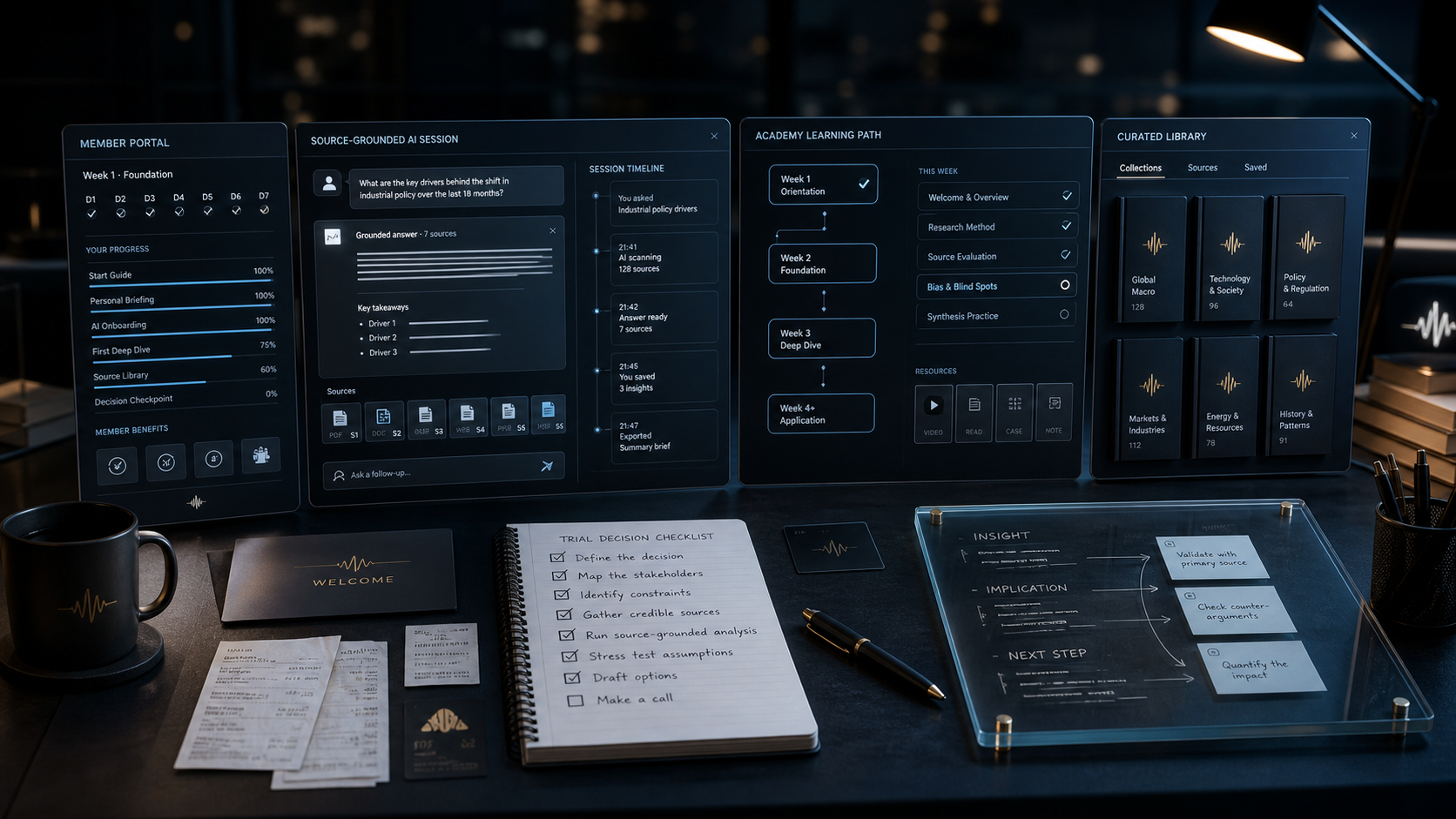 AI-generated White Noise member activation studio showing a portal checkpoint, source-grounded AI session, Academy learning path, curated library, and a first-week decision checklist