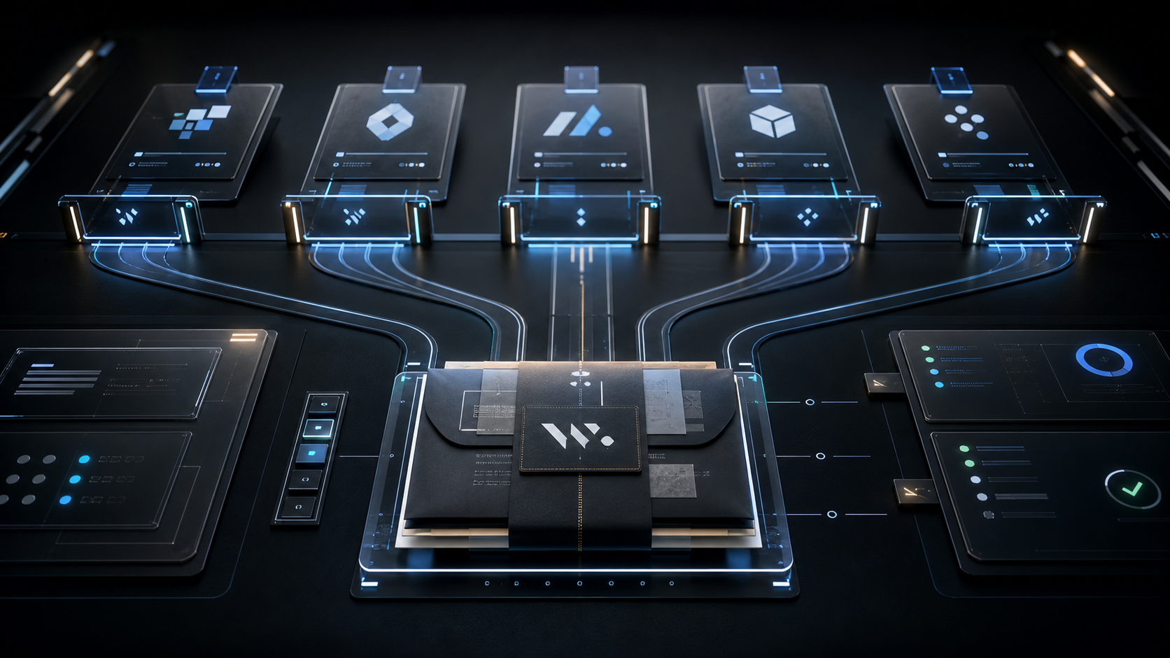 AI-generated White Noise service-to-artifact handoff room with proof, member, consulting, custom R&D, and institutional review lanes converging into a first-return packet