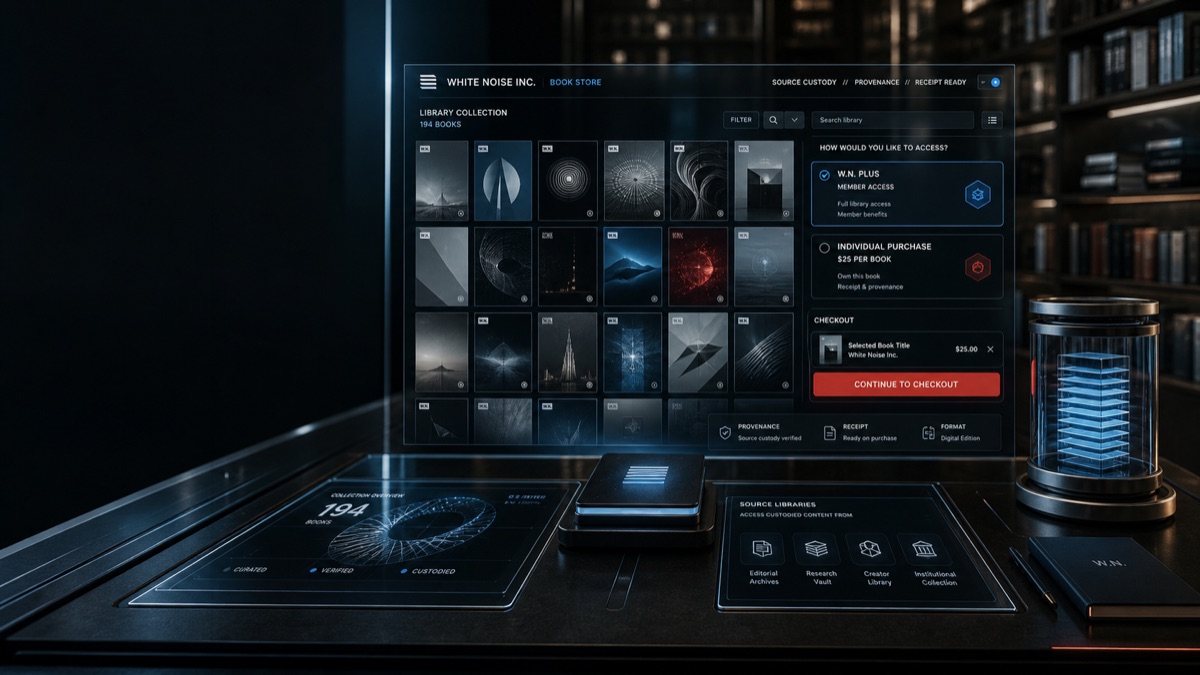 AI-generated White Noise Book Store checkout and custody workbench showing catalog tiles, access choice, checkout rail, receipt readiness, and provenance cues