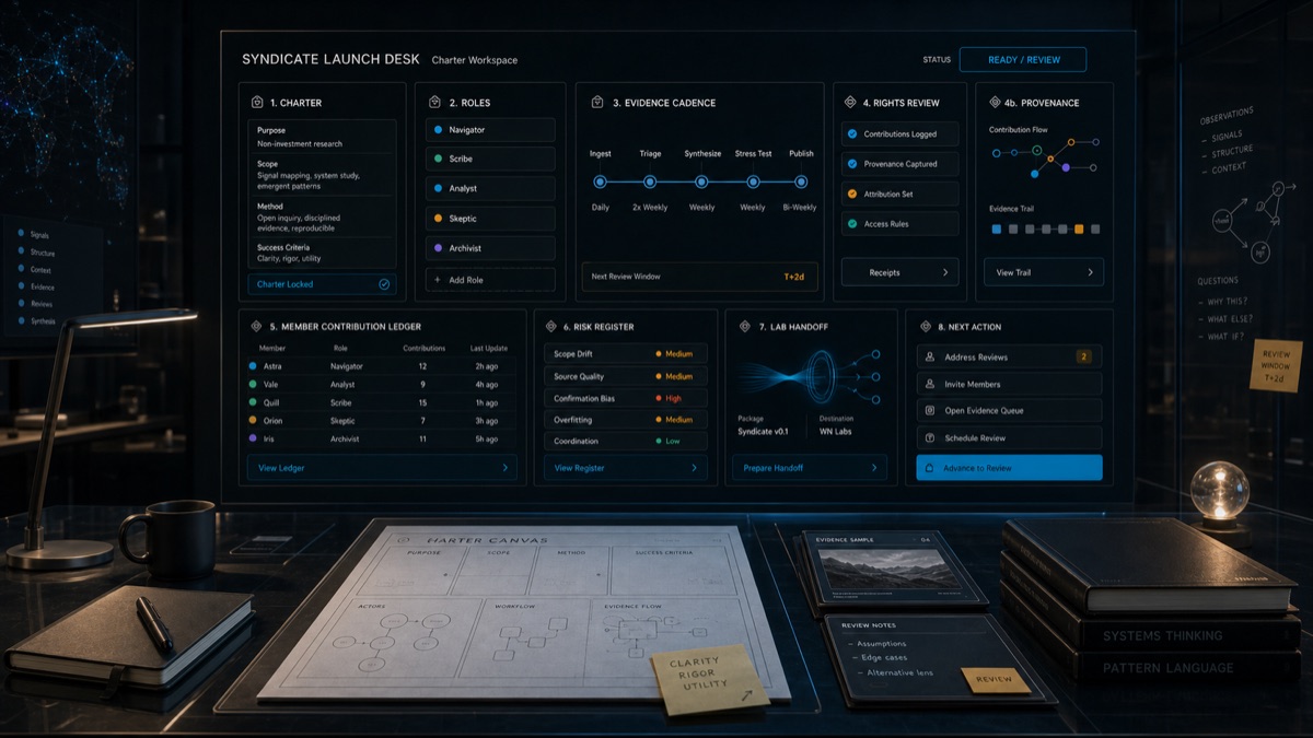 AI-generated WN syndicate member launch desk with charter cards and contribution records