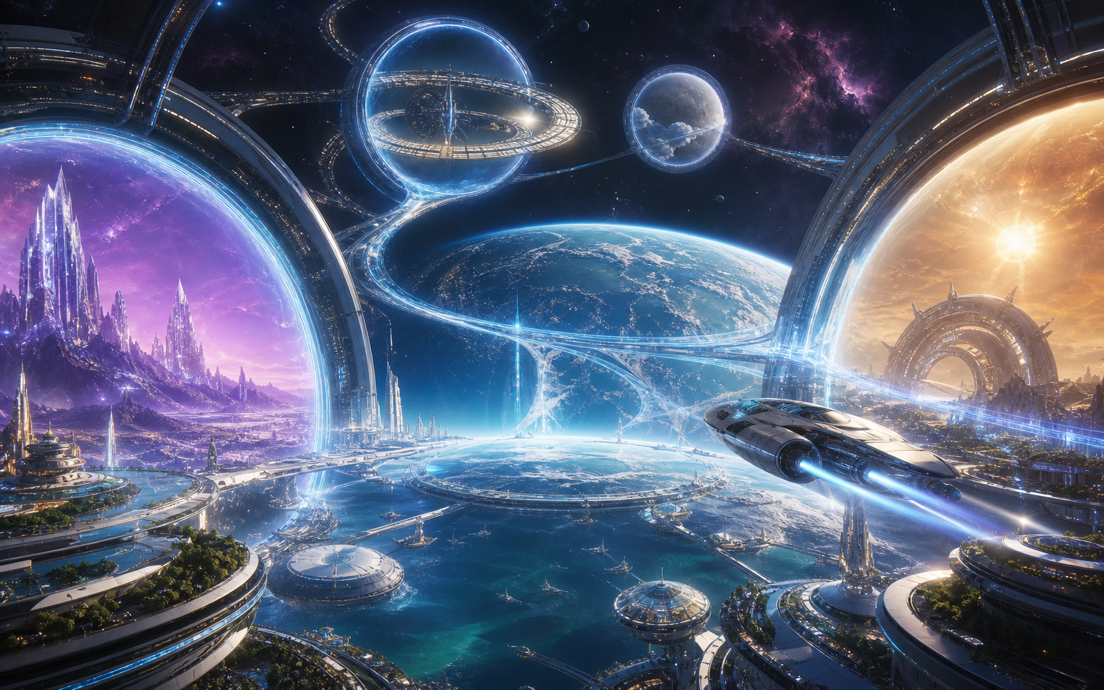 AI-generated vision of connected planets, orbital cities, and parallel-universe portals for WN USPA.
