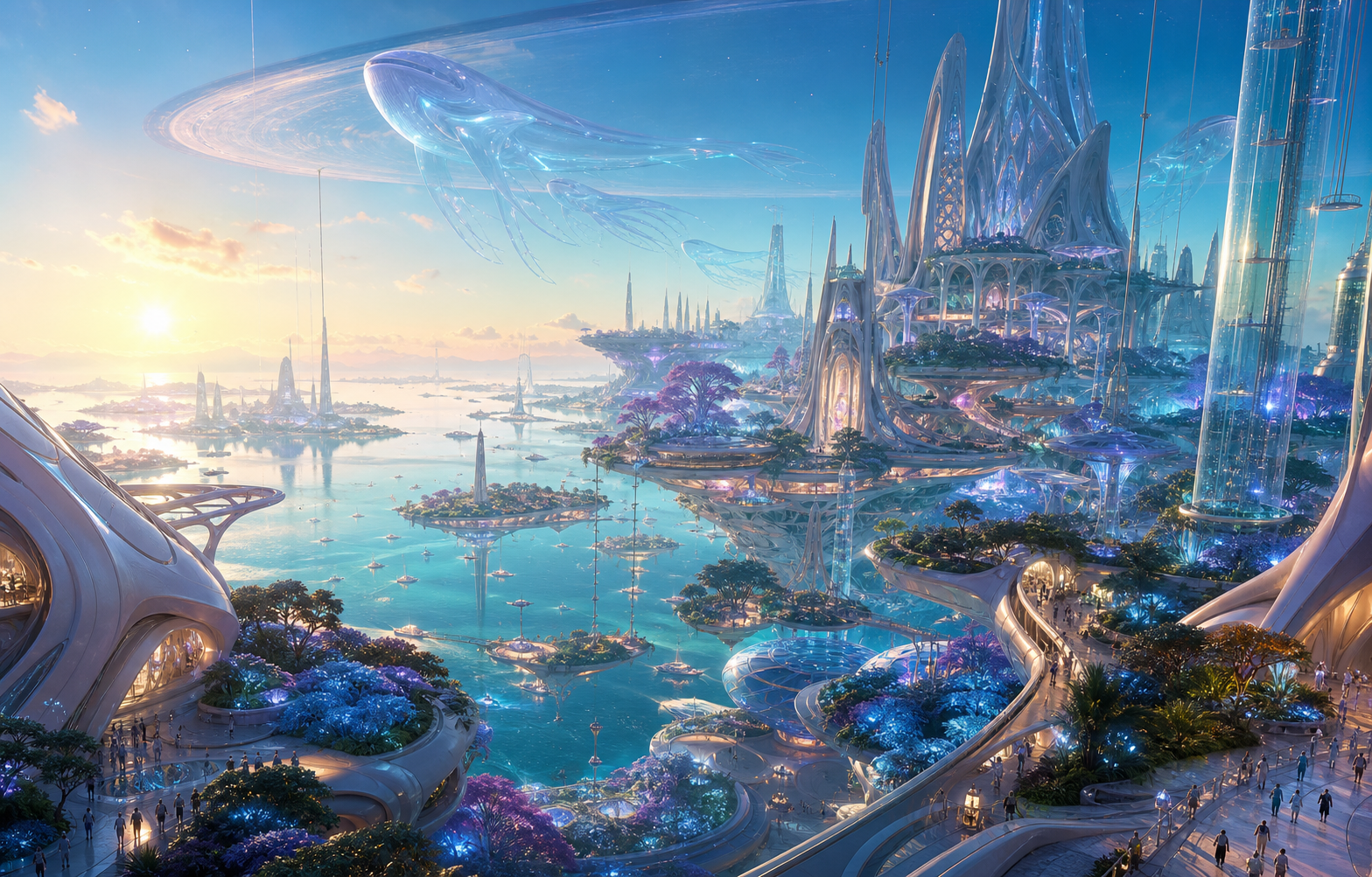 AI-generated living ocean city with floating islands and translucent sky-whales