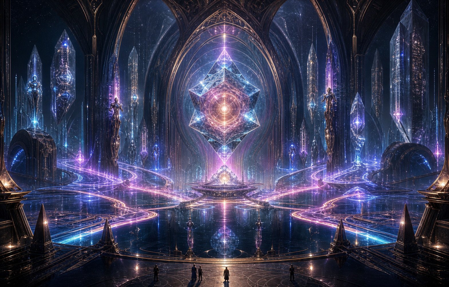 AI-generated quantum sanctuary with crystalline intelligence and a luminous cosmic artifact