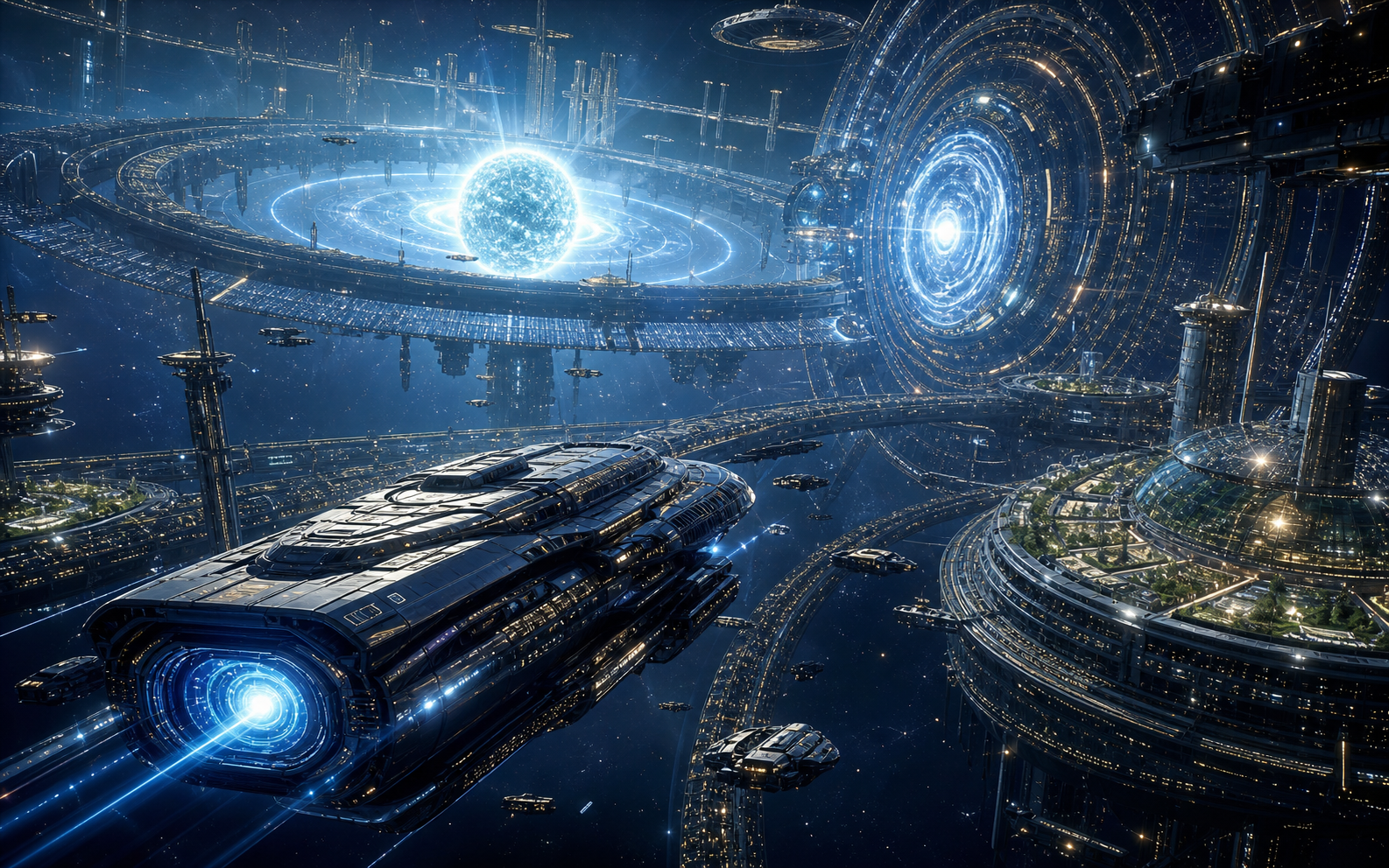 AI-generated stellar infrastructure with orbital rings and an explorer ark