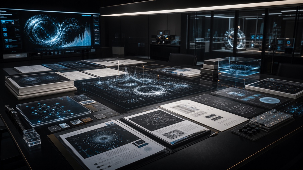 AI-generated White Noise technical review room with evidence maps, paper dossiers, provenance receipts, physics ledgers, and governance checkpoints