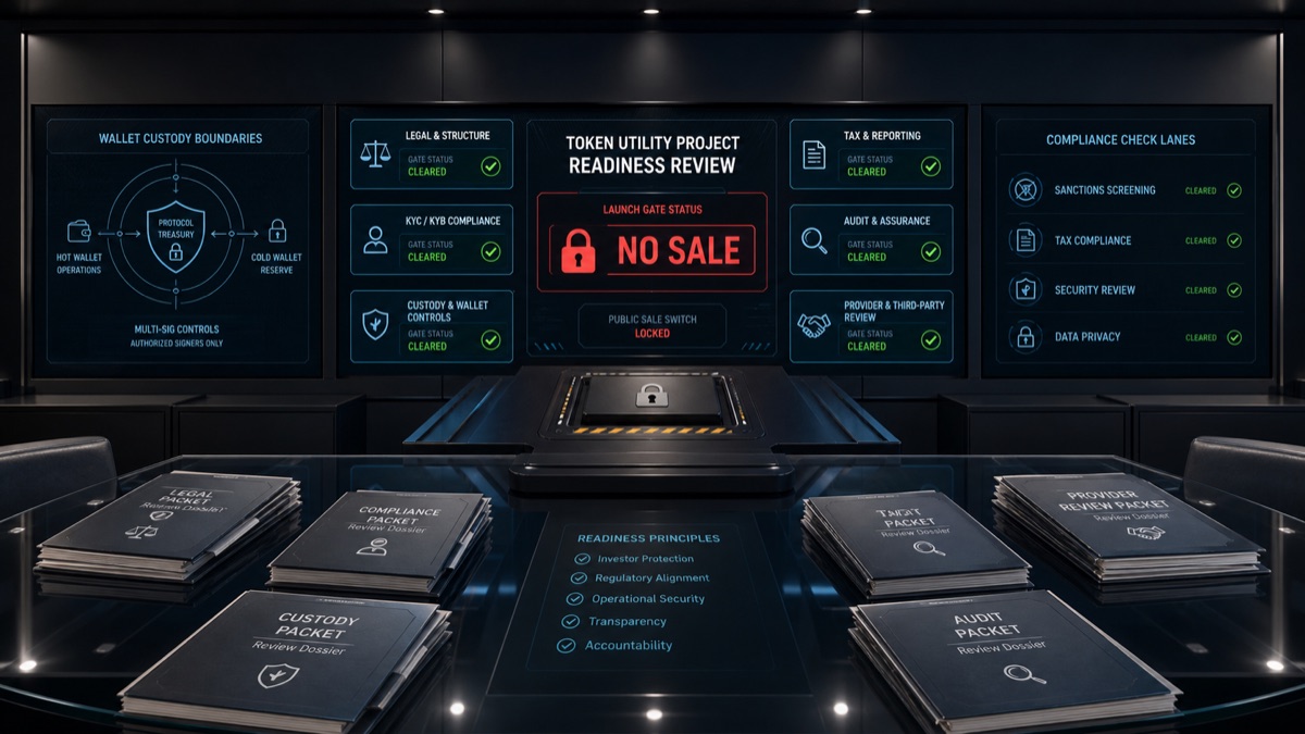 Conceptual WN Coin no-sale readiness review room with compliance gates and a locked public sale switch
