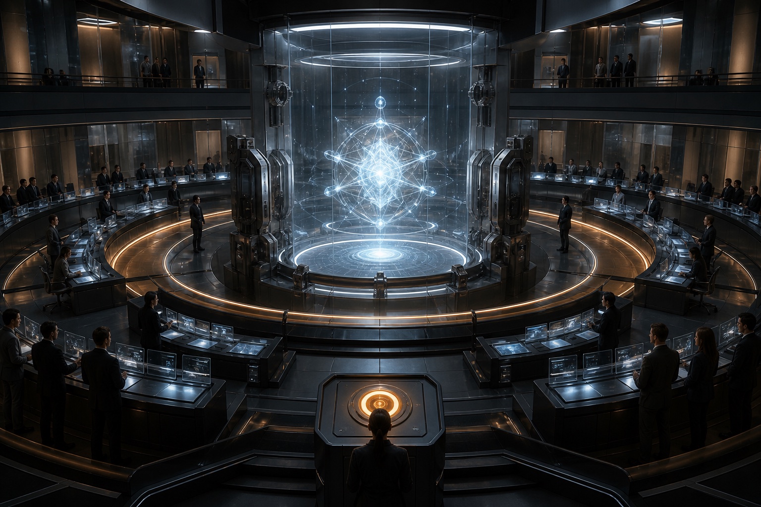 AI-generated superintelligence core surrounded by human oversight stations