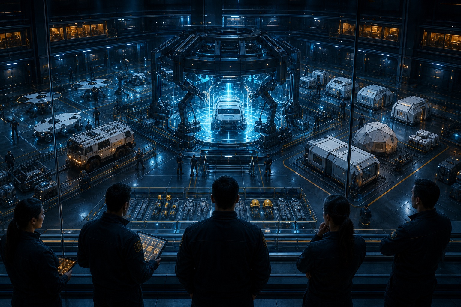 AI-generated secure Replicator fabrication vault producing emergency vehicles and sealed modules