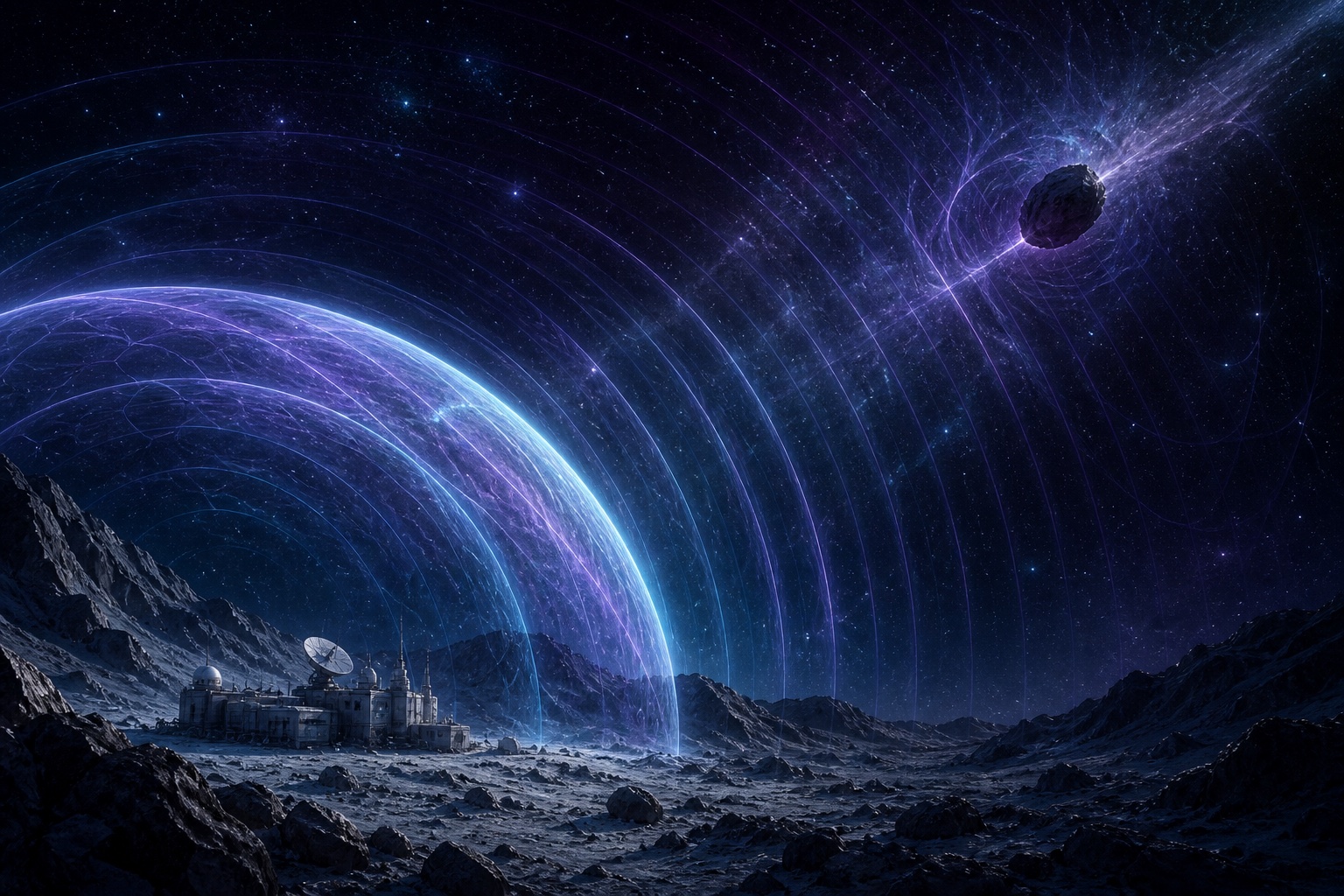 AI-generated speculative scalar field protecting a remote research station from an asteroid fragment