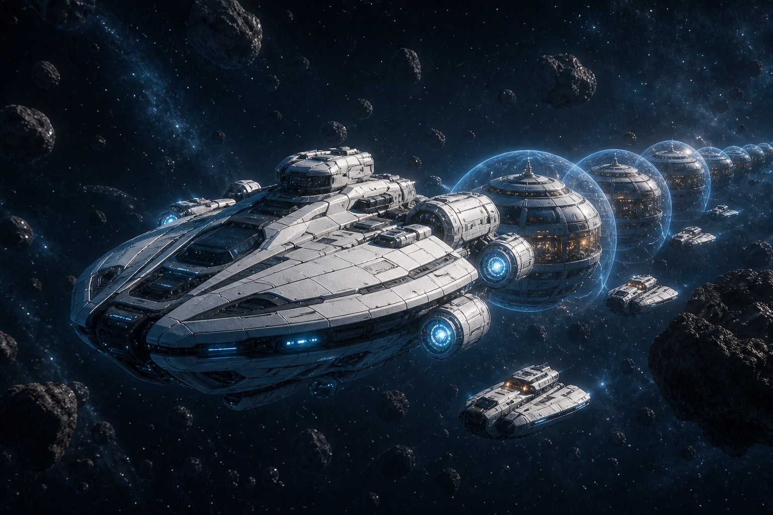 AI-generated W.N. defence spaceship escorting civilian habitats