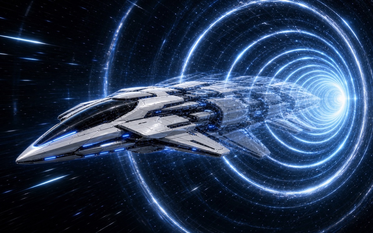 Concept art of WN Prime entering a speculative temporal transit corridor
