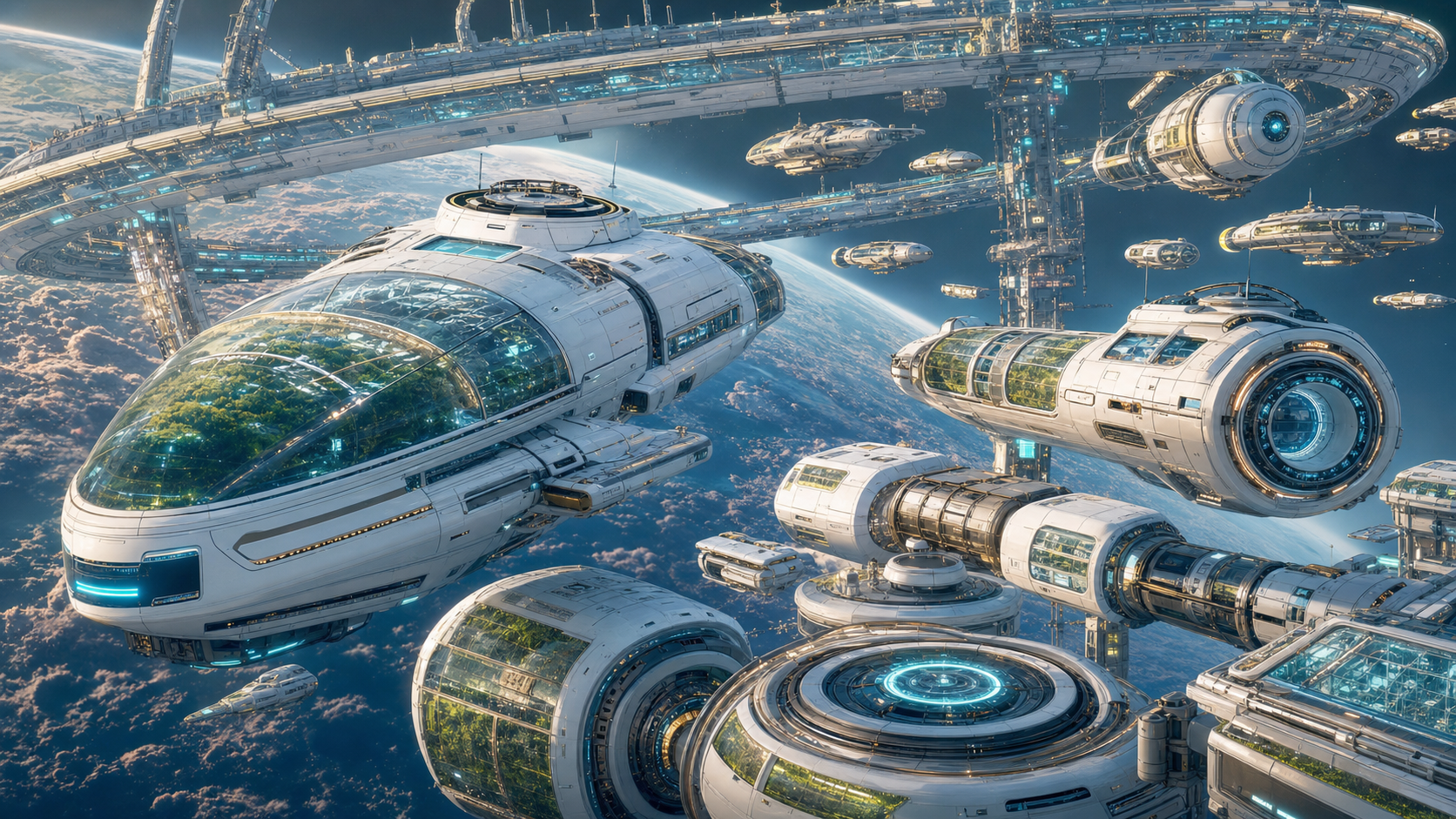 AI-generated WN civic and habitat spaceships near an orbital settlement