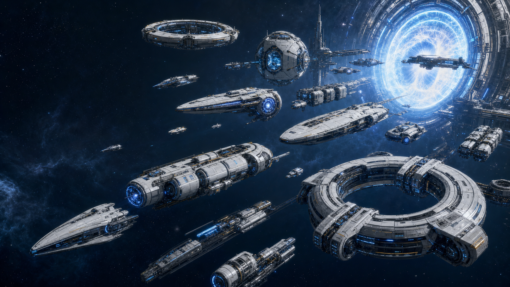 AI-generated concept image of a White Noise Technologies spaceship fleet near a stargate