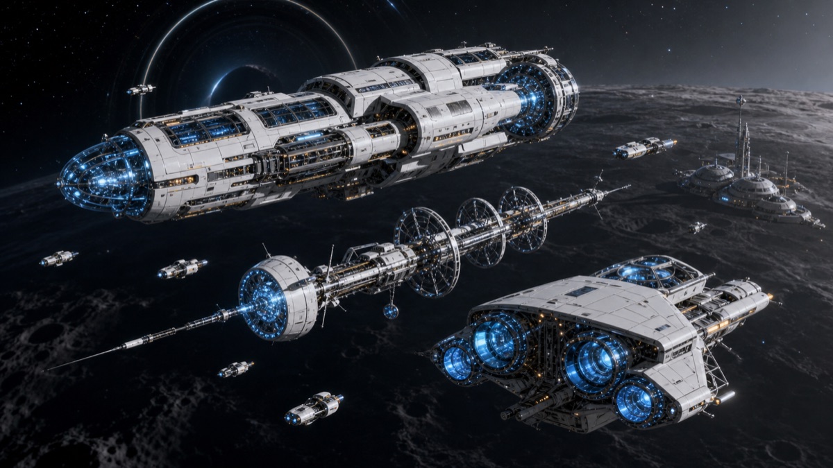 AI-generated WN research spaceships near a moon lab