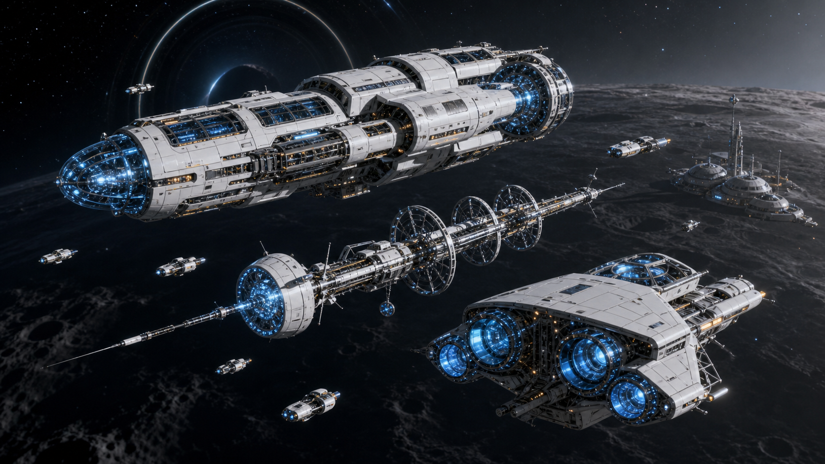 AI-generated WN research spaceships near a moon lab