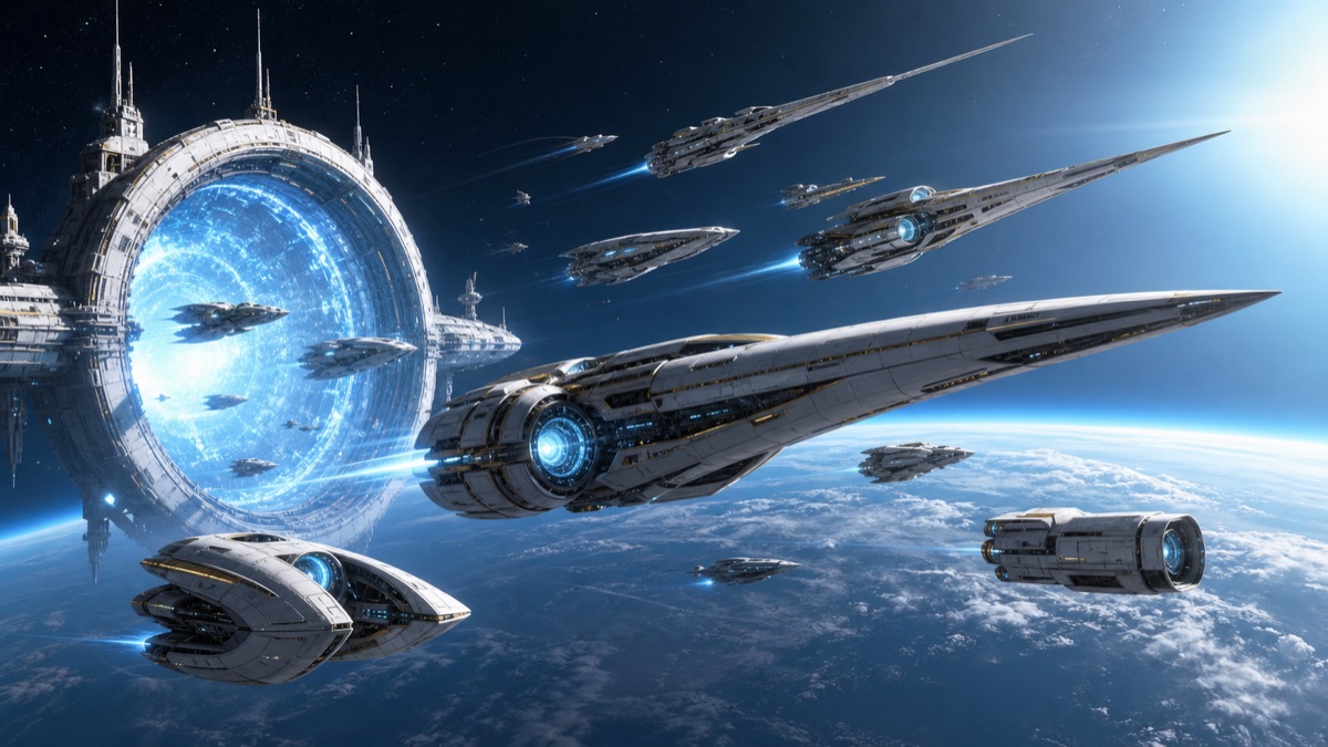 AI-generated concept art of White Noise transit ships leaving an orbital routing gate