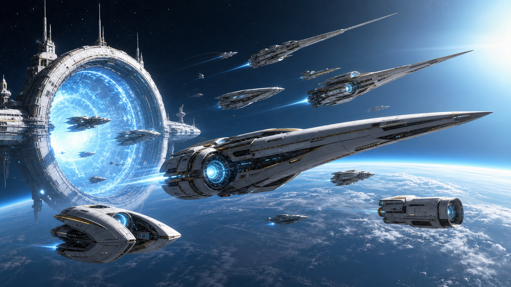 AI-generated WN transit ships leaving an orbital gate