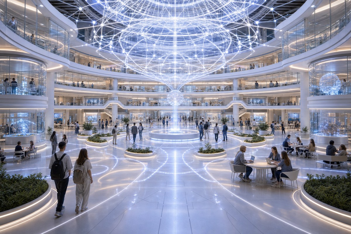 White Noise University Entanglement Atrium interior with students and faculty