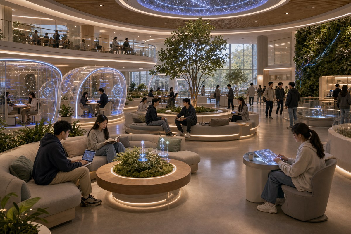 White Noise University Neural-Quantum Residential Commons interior