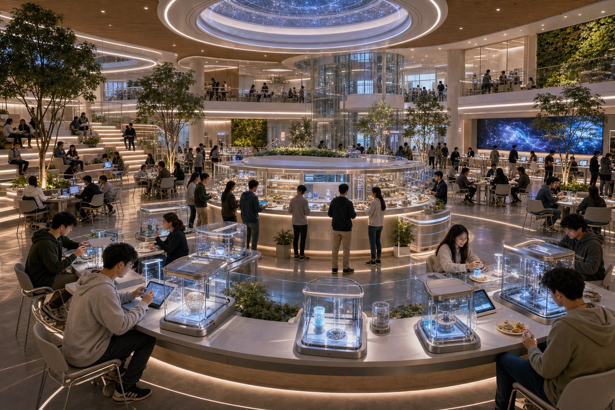 White Noise University Replicator Commons interior with students
