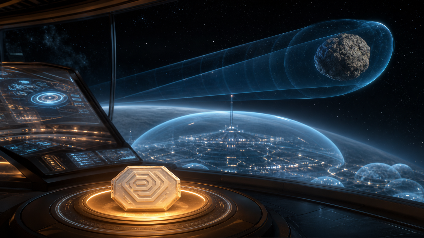 AI-generated asteroid relocation preview with White Noise Chip authorization token