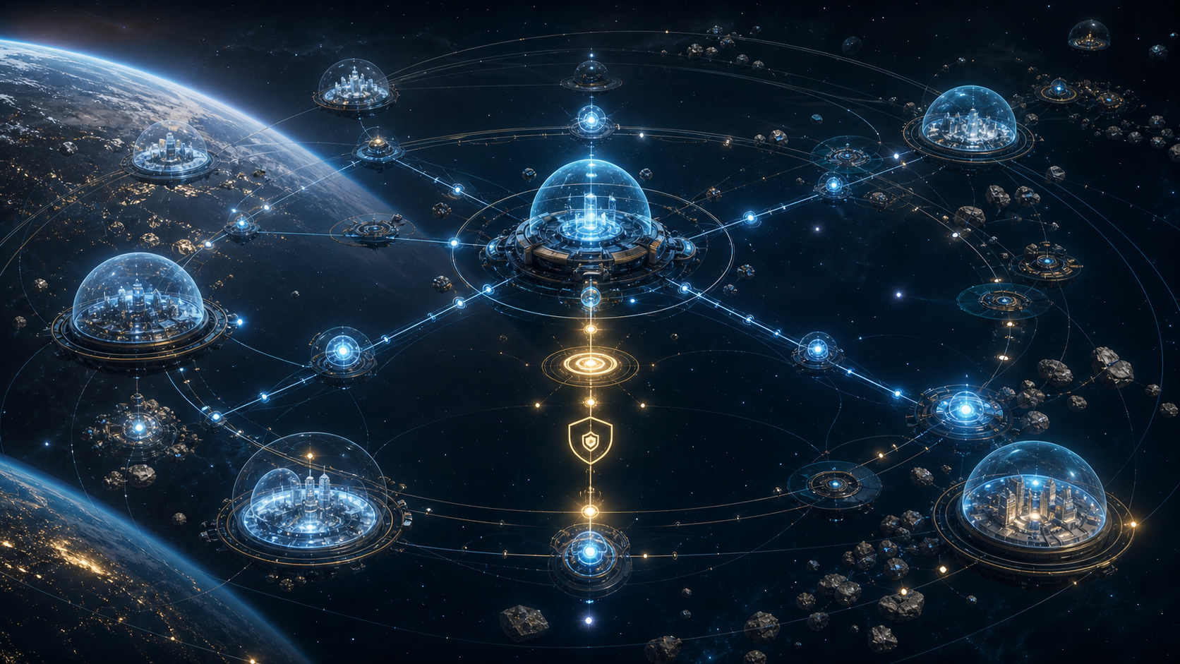 AI-generated autonomous orbital security network connecting settlements and asteroid paths