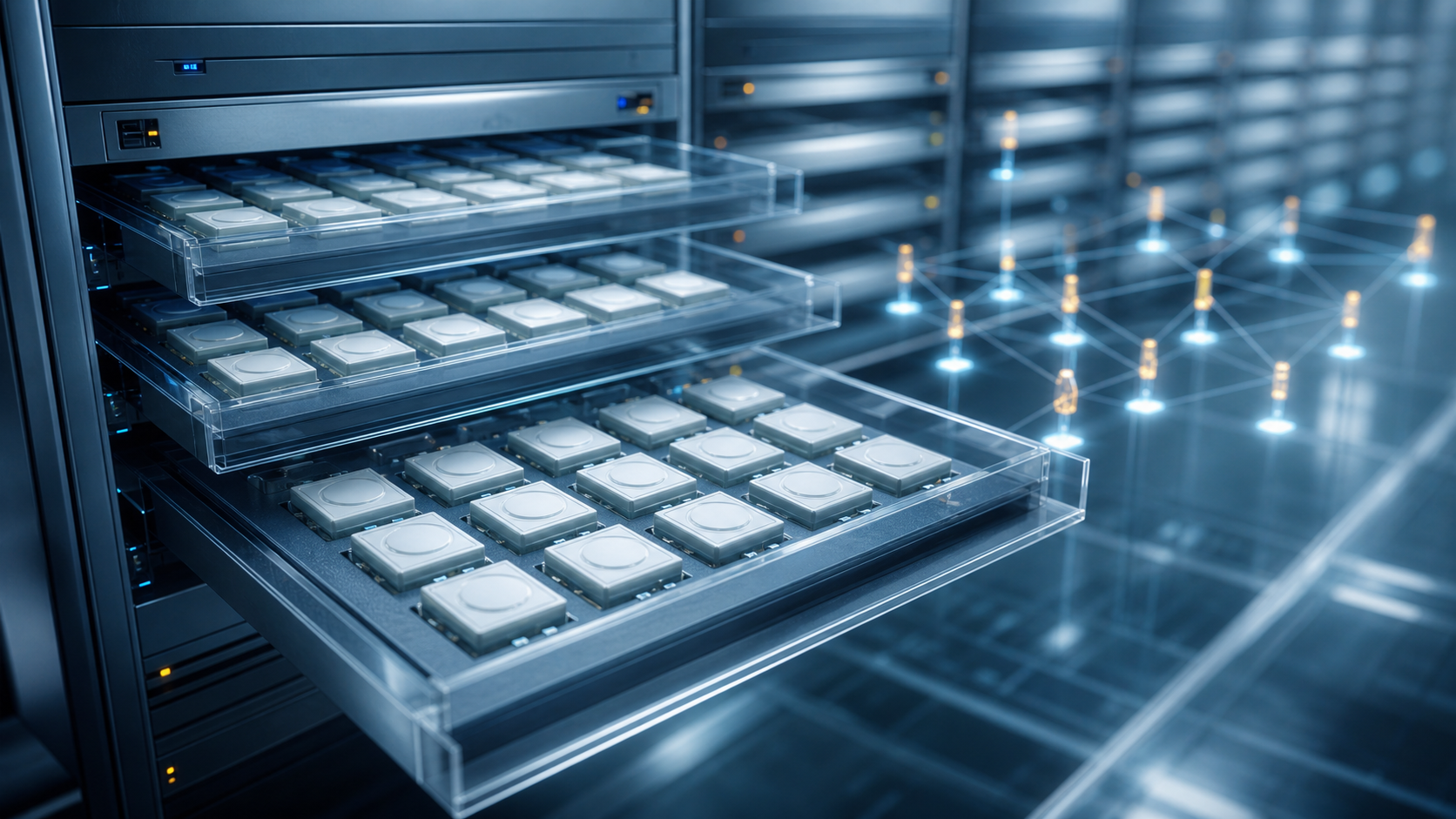 AI-generated rack of sealed White Noise Chip modules in a custody vault