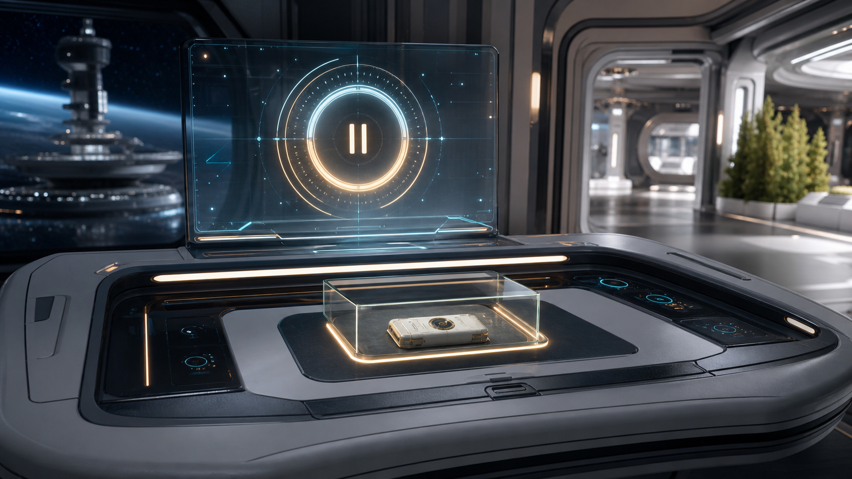 AI-generated manual pause console for W.N. Weapon Systems with a White Noise Chip under glass