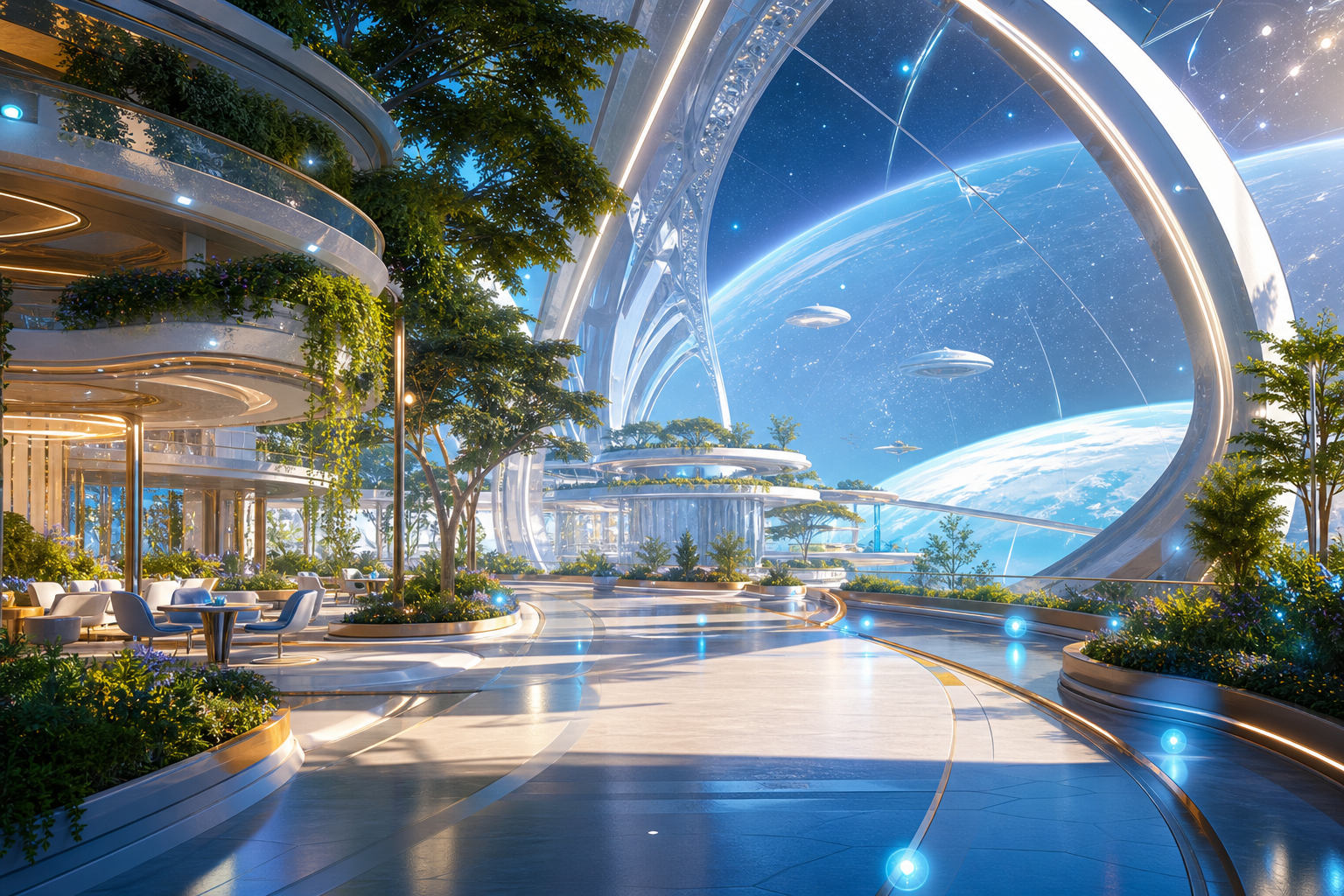 AI-generated peaceful orbital settlement with ambient autonomous security lights