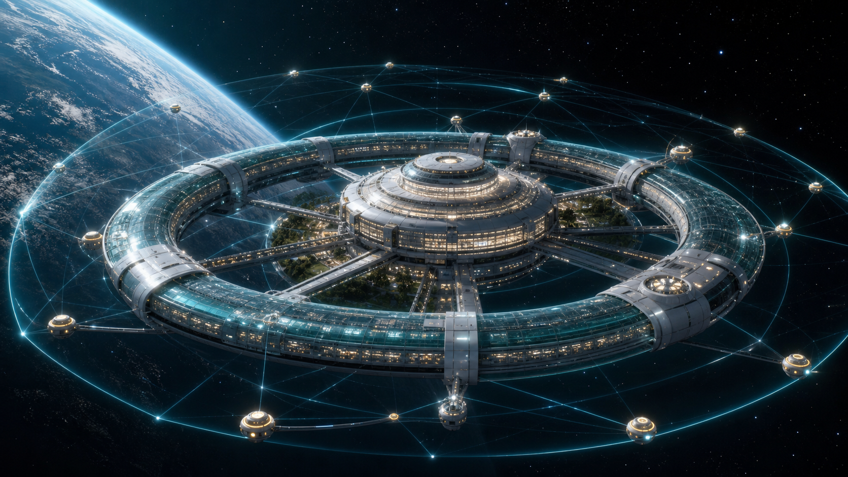 AI-generated orbital settlement shield lattice supervised by White Noise Computer governance