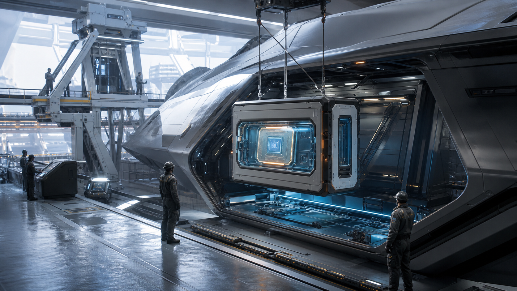 AI-generated W.N. Spaceship bay receiving a sealed White Noise Chip and computer module