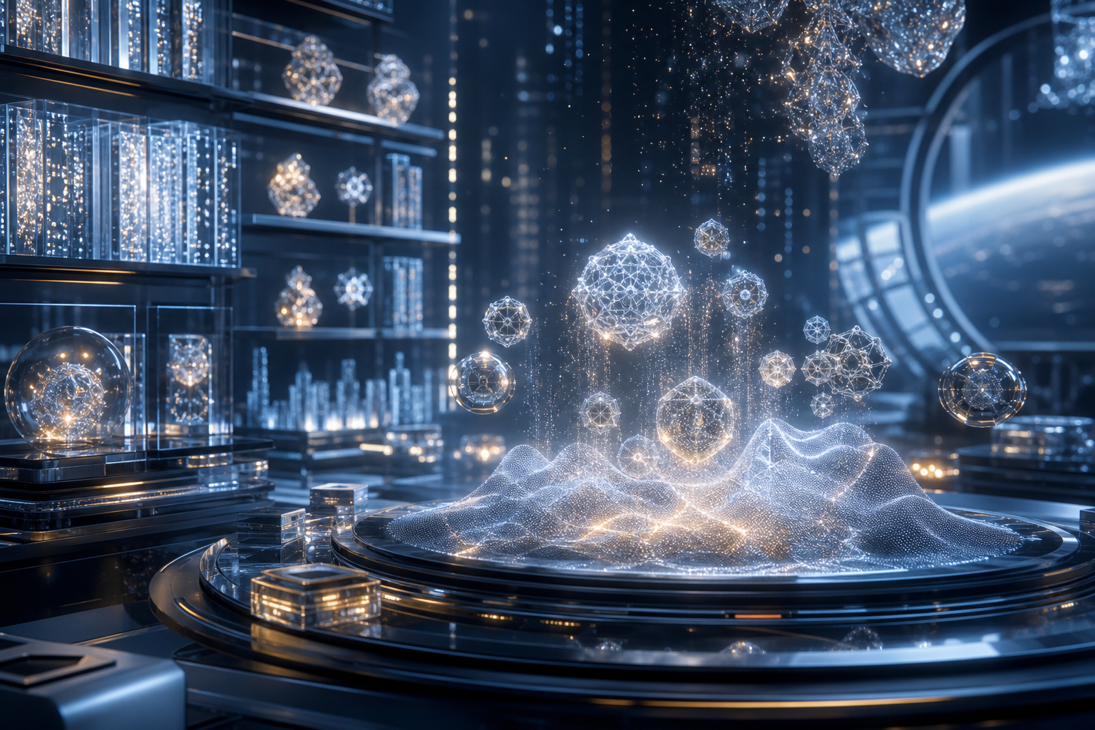 AI-generated supernanobot library fabrication concept with abstract shield modules