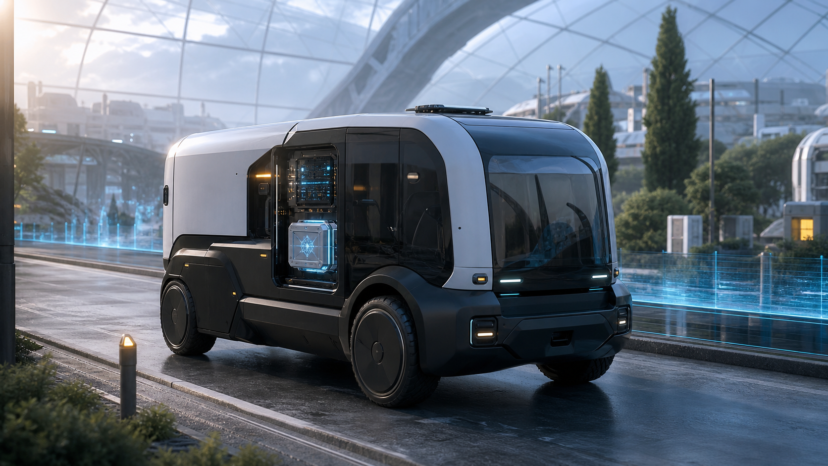 AI-generated settlement utility vehicle with a sealed White Noise Computer pack and White Noise Chip module